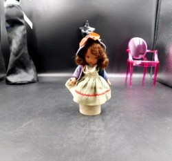 5.5 inch Bisque  Nancy Ann Storybook Auburn Original Doll,  Pinafore Dress, Blue Felt Jacket, Hat